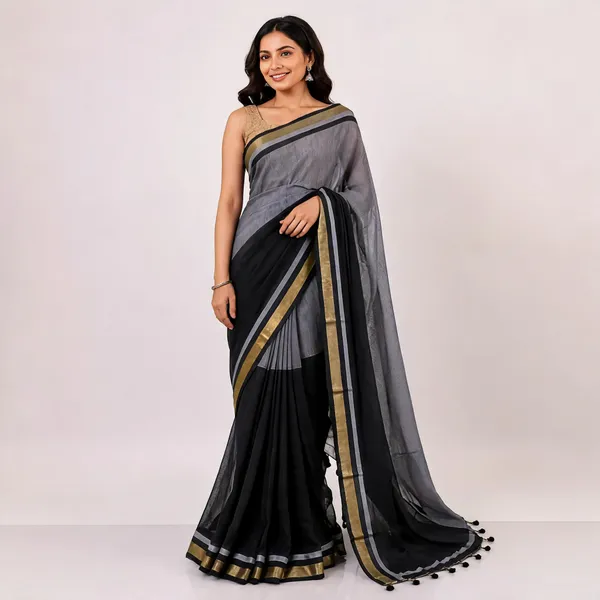 Grey_And_Black_Sheer_Striped_Saree_For_Women