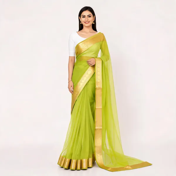 Lime_Green_Sheer_Zari_Border_Saree_for_Women