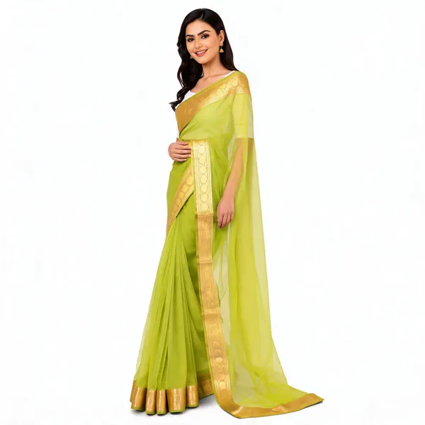 Lime_Green_Sheer_Zari_Border_Saree_for_Women