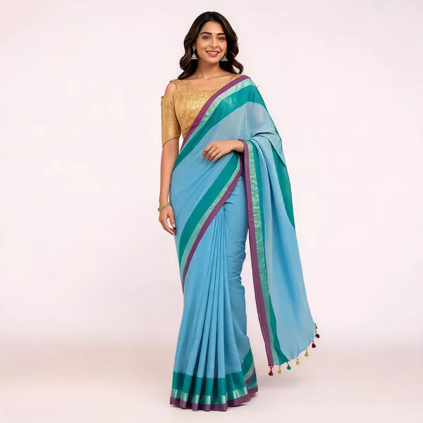 Sky_Blue_Border_Detail_Saree_For_Women