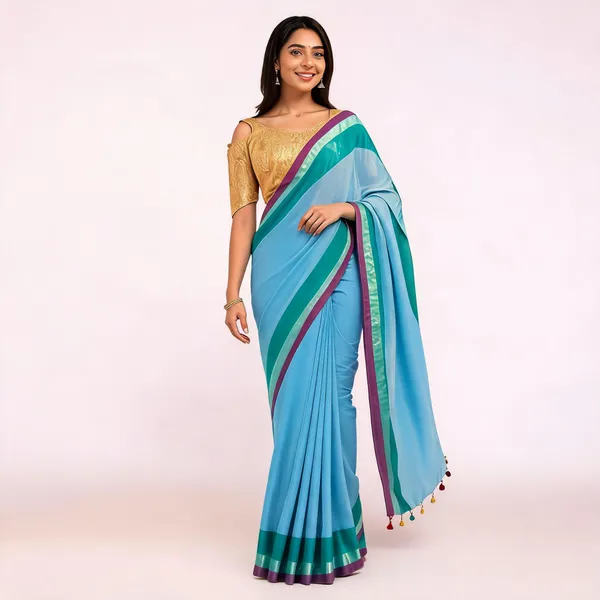 Sky_Blue_Border_Detail_Saree_For_Women