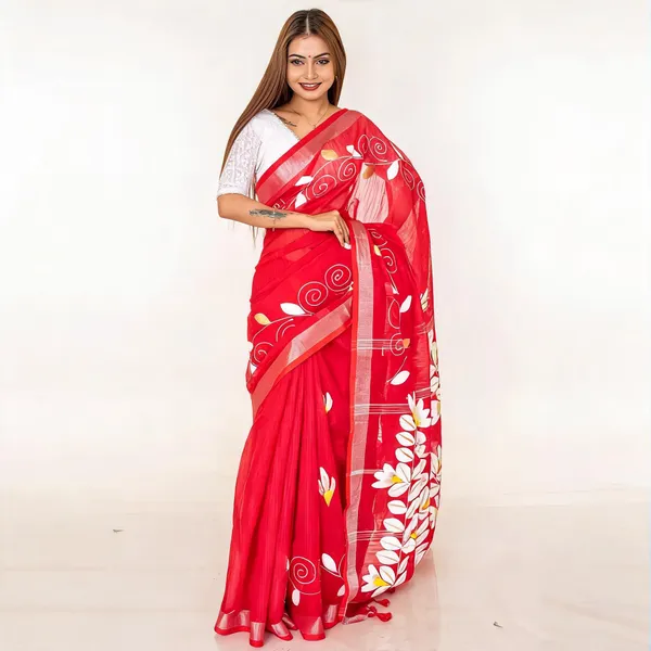 Red_Chiffon_Floral_Print_Saree_For_Women