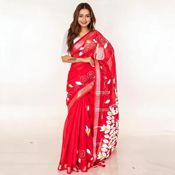 Red_Chiffon_Floral_Print_Saree_For_Women