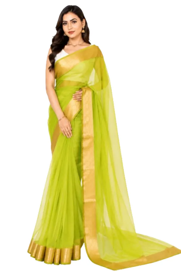 Lime_Green_Sheer_Zari_Border_Saree_for_Women