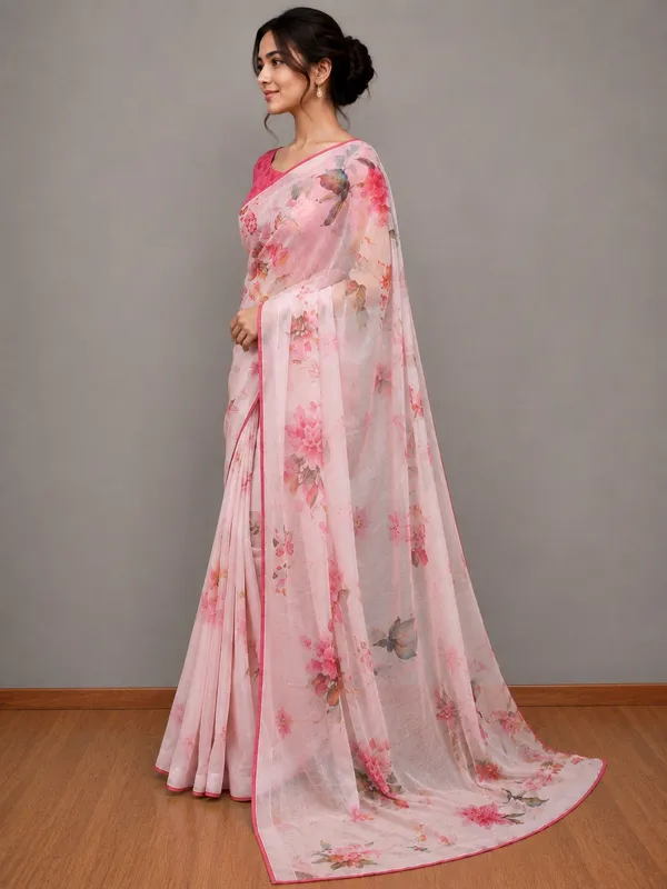 Pink_Organza_Saree_With_Floral_Print