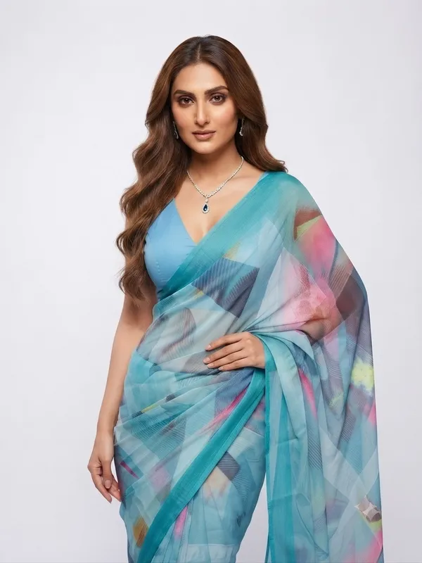 Aqua_Blue_Sheer_Printed_Saree_for_Women