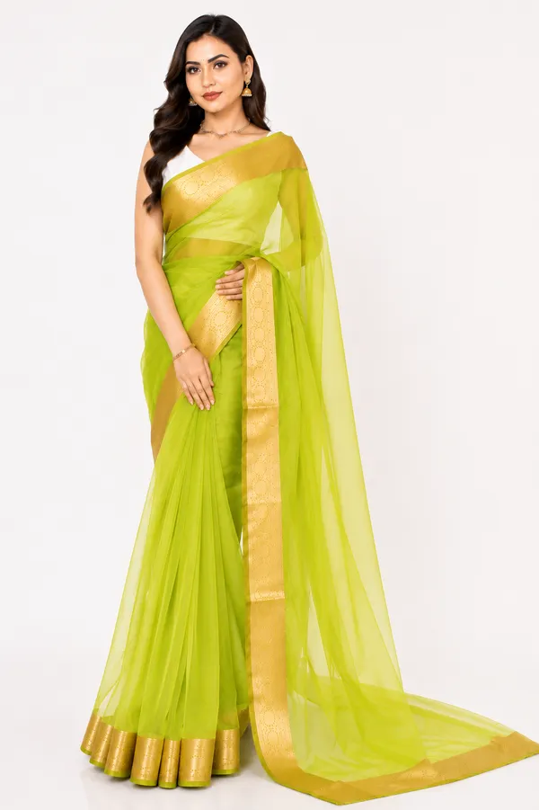 Lime_Green_Sheer_Zari_Border_Saree_for_Women