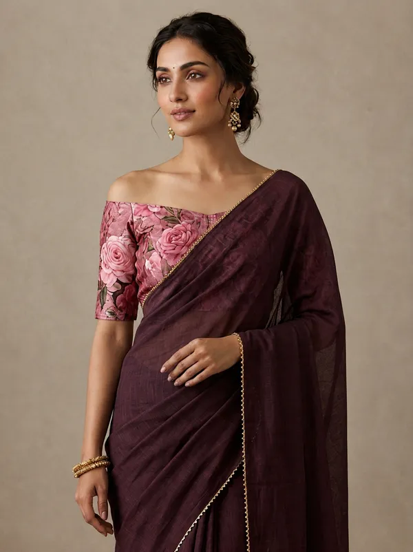 Wine_Colour_Chiffon_Saree_With_Lace_Border