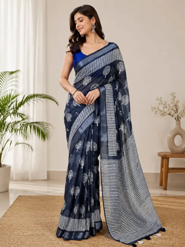 Blue_Cotton_Blend_Saree_Silver_Zari_