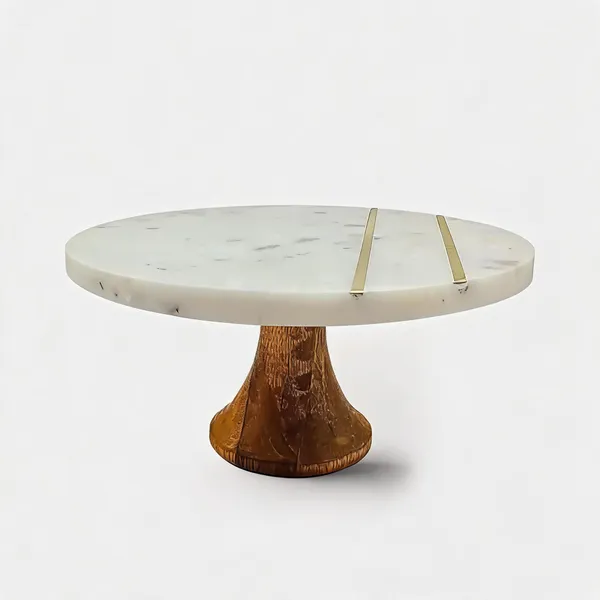 White_Marble_Wood_Brass_Round_Elevated_Cake_Stand