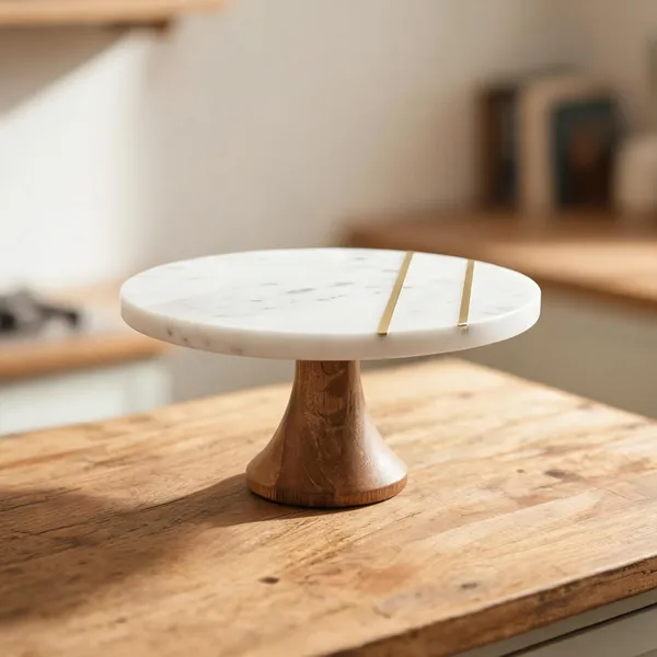 White_Marble_Wood_Brass_Round_Elevated_Cake_Stand