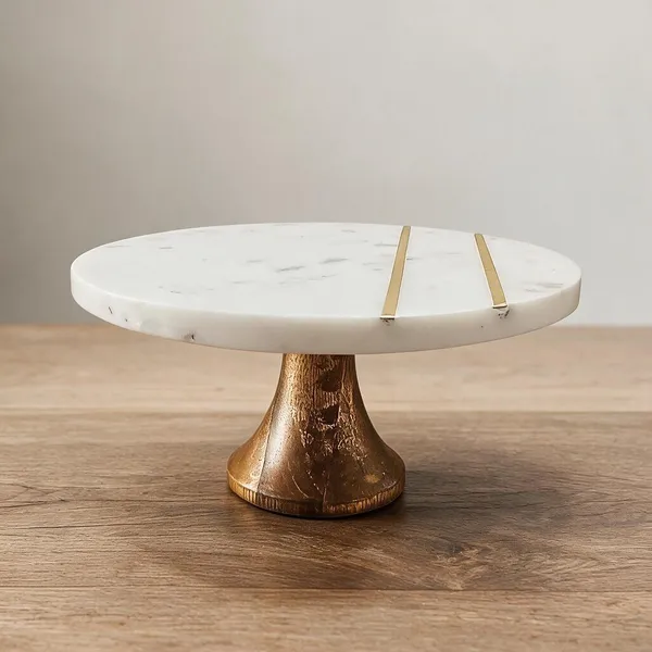 White_Round_Elevated_Marble_Cake_Stand_Wood_Stand_