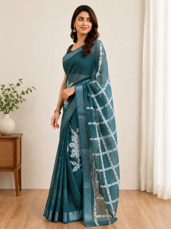 Dark_Green_Silk_Printed_Saree_For_Women