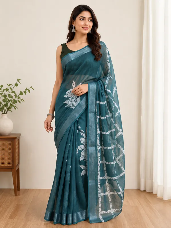 Dark_Green_Silk_Printed_Saree_For_Women