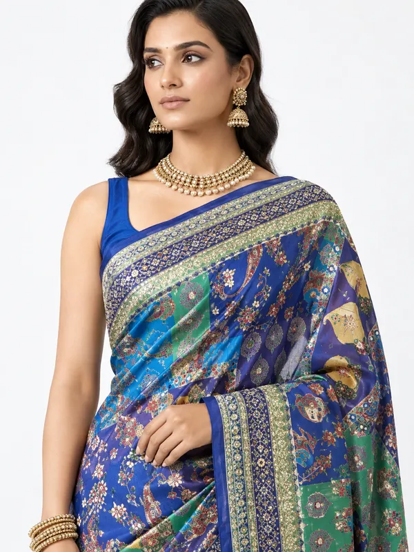 Blue_Colour_Crepe_Saree_With_Mirror_Work