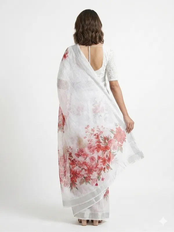 White_Floral_Print_Saree_For_Women