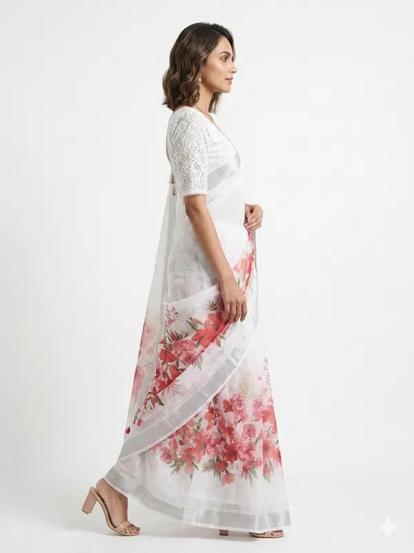 White_Floral_Print_Saree_For_Women
