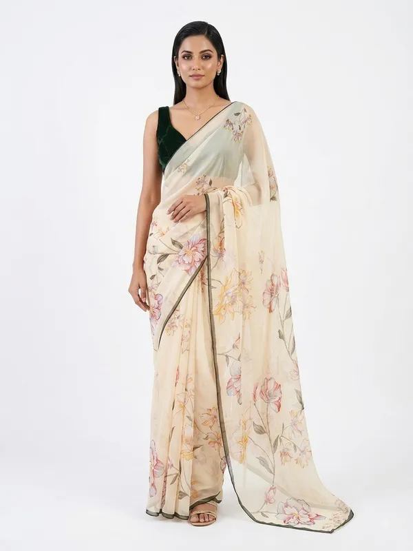 Cream_Organza_Floral_Print_Saree_for_Women