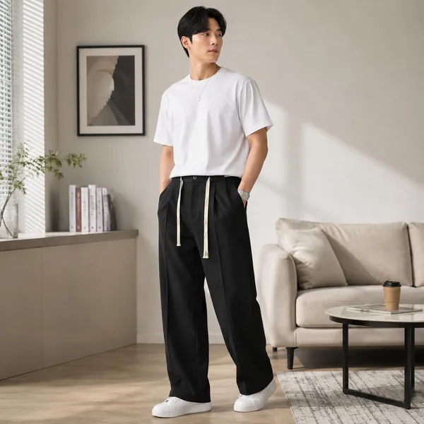 Black_Polyester_Wide_Leg_Drawstring_Trousers_For_Men