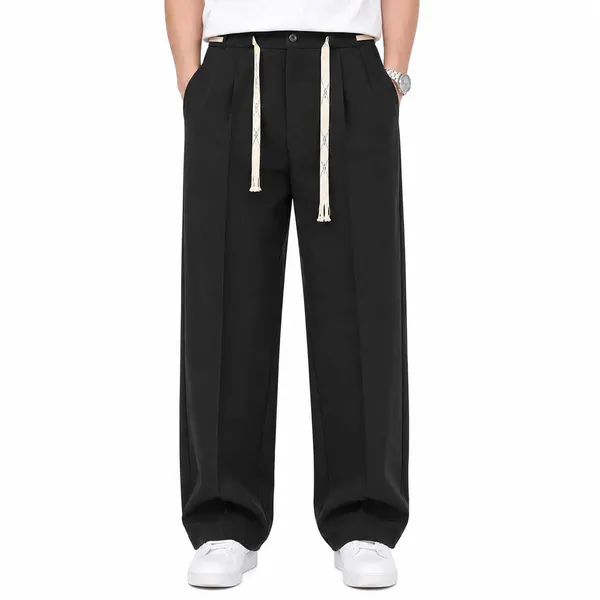 Black_Polyester_Wide_Leg_Drawstring_Trousers_For_Men