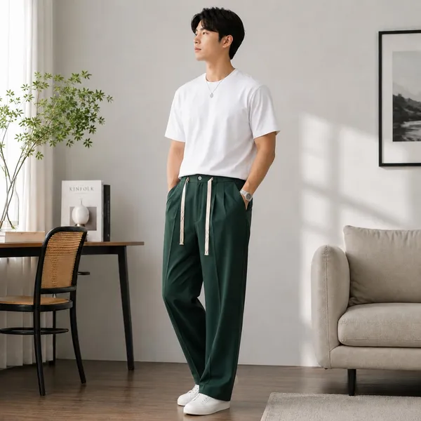 Black_Polyester_Wide_Leg_Drawstring_Trousers_For_Men
