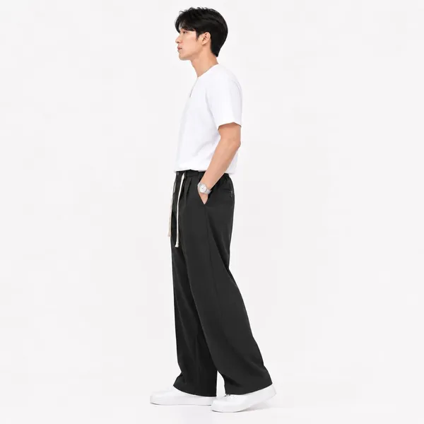 Black_Polyester_Wide_Leg_Drawstring_Trousers_For_Men
