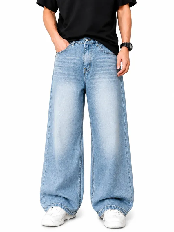 Light_Blue_Cotton_Denim_Wide_Leg_Jeans_For_Men