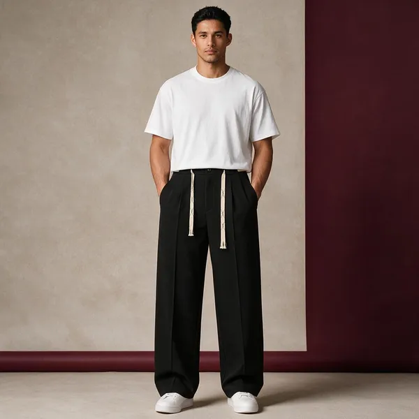 Black_Polyester_Wide_Leg_Drawstring_Trousers_For_Men