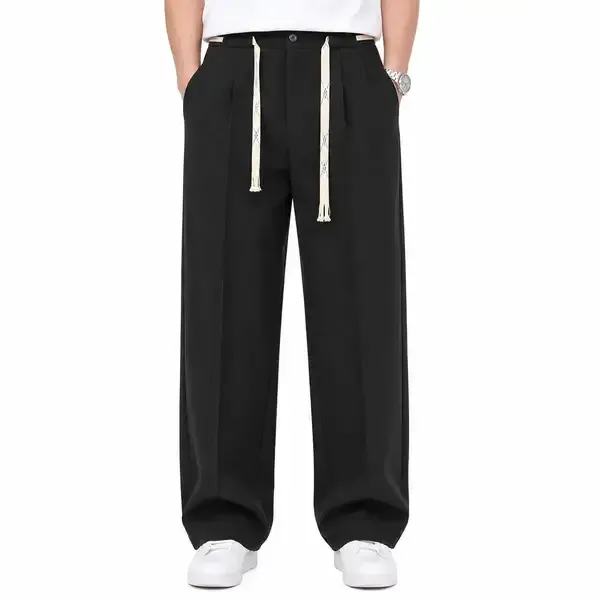 Black_And_Charcoal_Grey_Polyester_Wide_Leg_Drawstring_Trousers_For_Men_Pack_Of_2