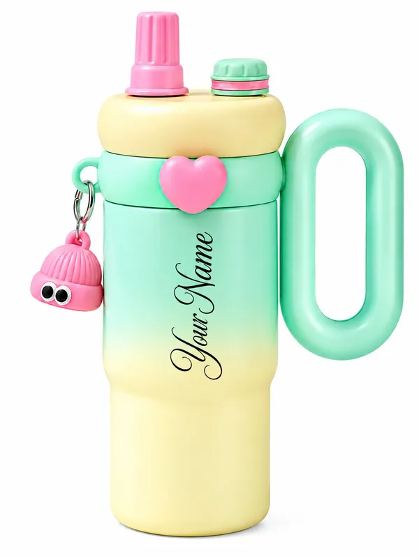 Mint_Green_Pastel_Yellow_Handled_Character_Charm_Water_Bottle_For_Kids