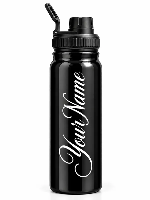 Black_Personalised_Name_Script_Flip_Top_Water_Bottle