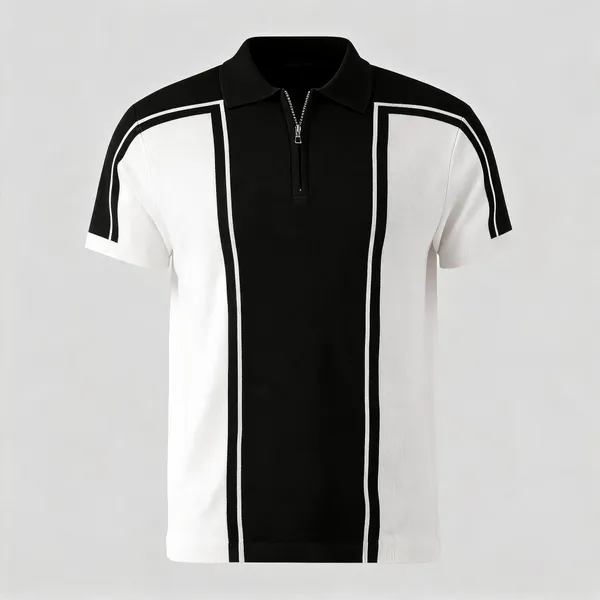 Black_&_White_Pure_Cotton_Colorblock_Zip_Neck_T-Shirt_For_Men