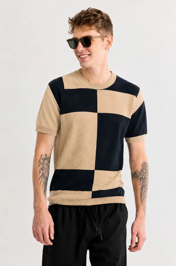 Grey_&_Beige_Pure_Cotton_Colorblock_Round_Neck_T-Shirt_For_Men