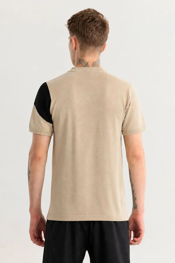Grey_&_Beige_Pure_Cotton_Colorblock_Round_Neck_T-Shirt_For_Men