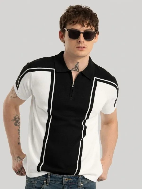 Black_&_White_Pure_Cotton_Colorblock_Zip_Neck_T-Shirt_For_Men