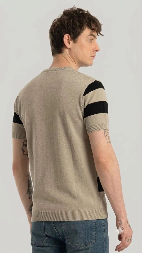 Black_&_Beige_Pure_Cotton_Self_Design_Round_Neck_T-Shirt_For_Men