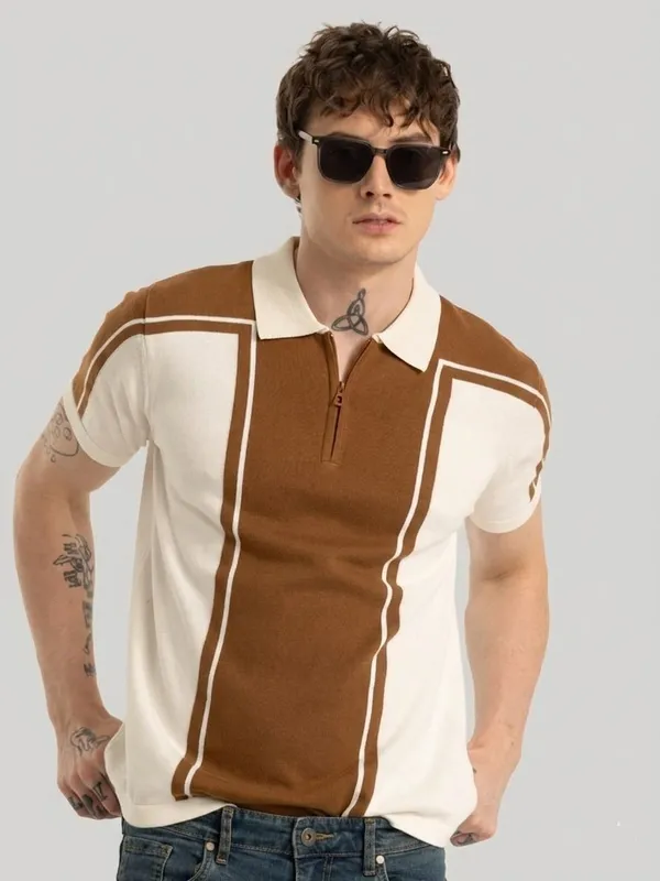 Brown_&_Beige_Cotton_Zip_Neck_Colorblock_T-Shirt_For_Men