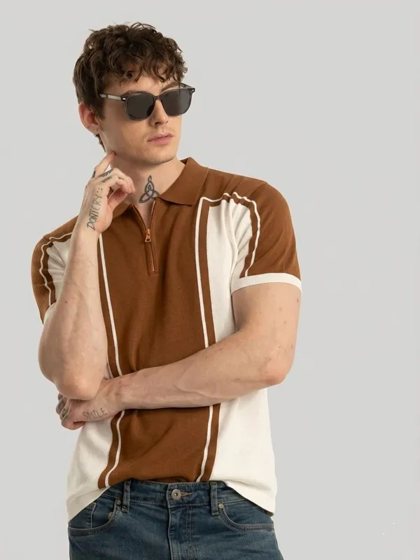 Brown_&_Beige_Cotton_Zip_Neck_Colorblock_T-Shirt_For_Men