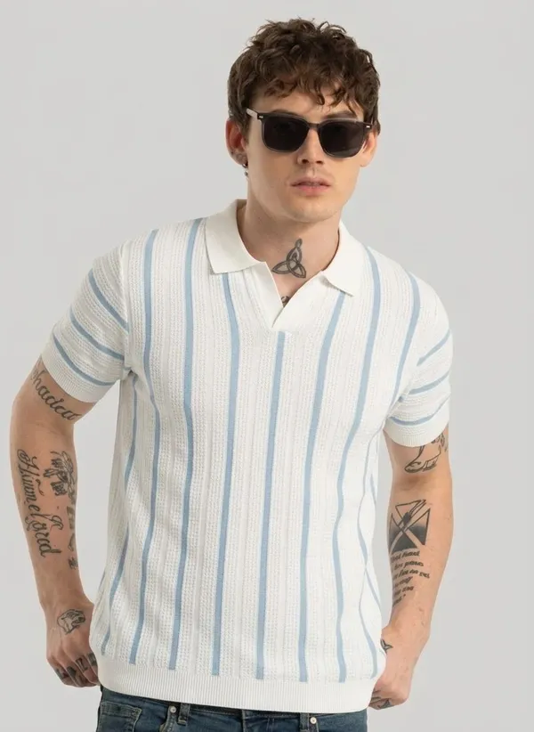 White_&_Light_Blue_Pure_Cotton_Striped_Polo_Neck_T-Shirt_For_Men