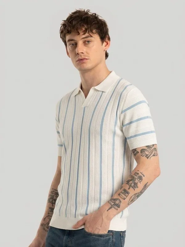 White_&_Light_Blue_Pure_Cotton_Striped_Polo_Neck_T-Shirt_For_Men