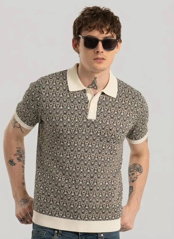 Multicolor_Pure_Cotton_Chevron_Print_Polo_Neck_T-Shirt_For_Men