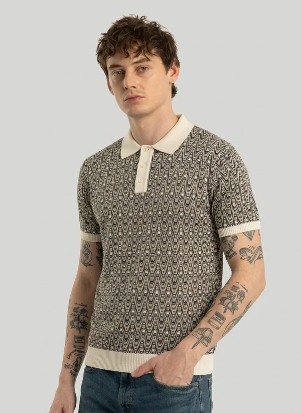 Multicolor_Pure_Cotton_Chevron_Print_Polo_Neck_T-Shirt_For_Men