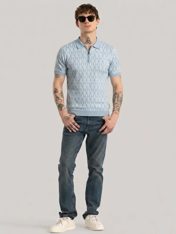 Light_Blue_&_White_Pure_Cotton_Geometric_Print_Zip_Neck_T-Shirt_For_Men