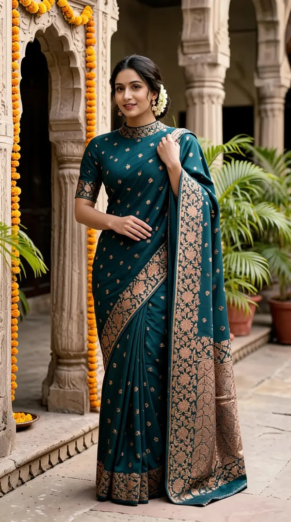 Teal_Poly_Banarasi_Silk_Woven_Brocade_Saree_For_Women