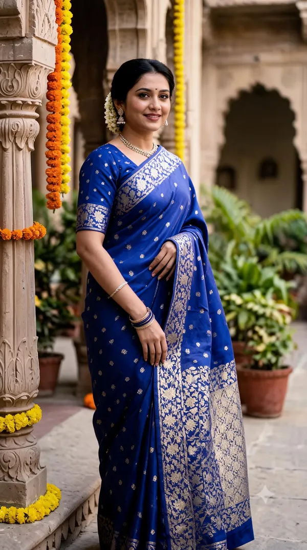 Blue_Poly_Banarasi_Silk_Gold_Motif_Woven_Saree_For_Women