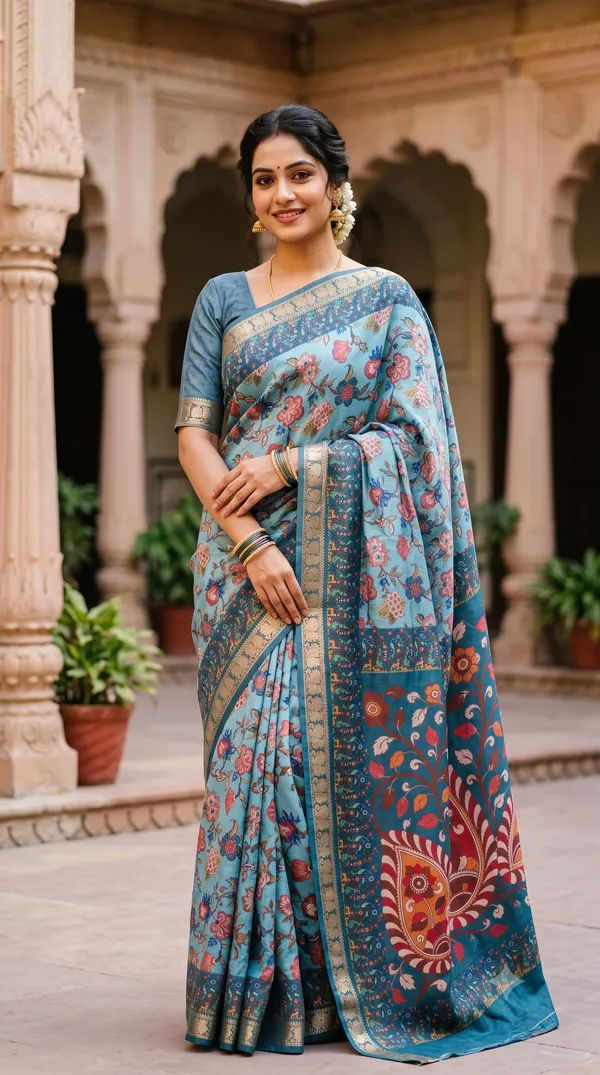 Blue_Polyester_Silk_Floral_Print_Saree_For_Women