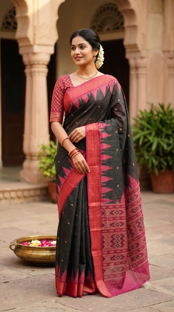 Black_Pink_Poly_Cotton_Woven_Ethnic_Saree_For_Women