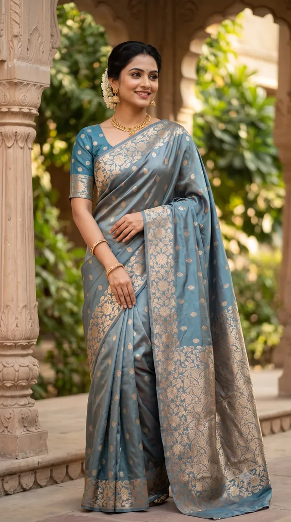 Blue_Poly_Banarasi_Silk_Floral_Border_Saree_For_Women