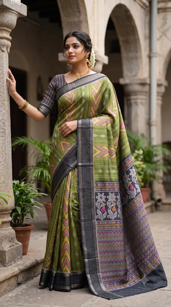 Green_Poly_Cotton_Geometric_Floral_Saree_For_Women