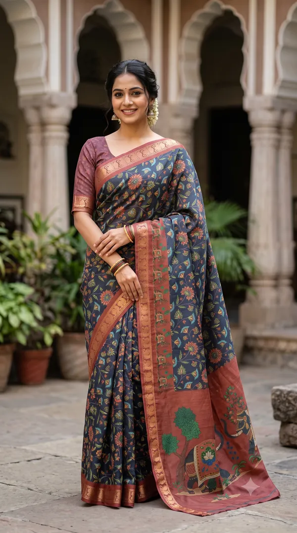 Blue_Polyester_Silk_Floral_Print_Elephant_Motif_Saree_For_Women